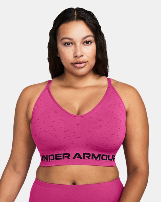Women's UA Seamless Low Long Heather Sports Bra in Pink image number 3